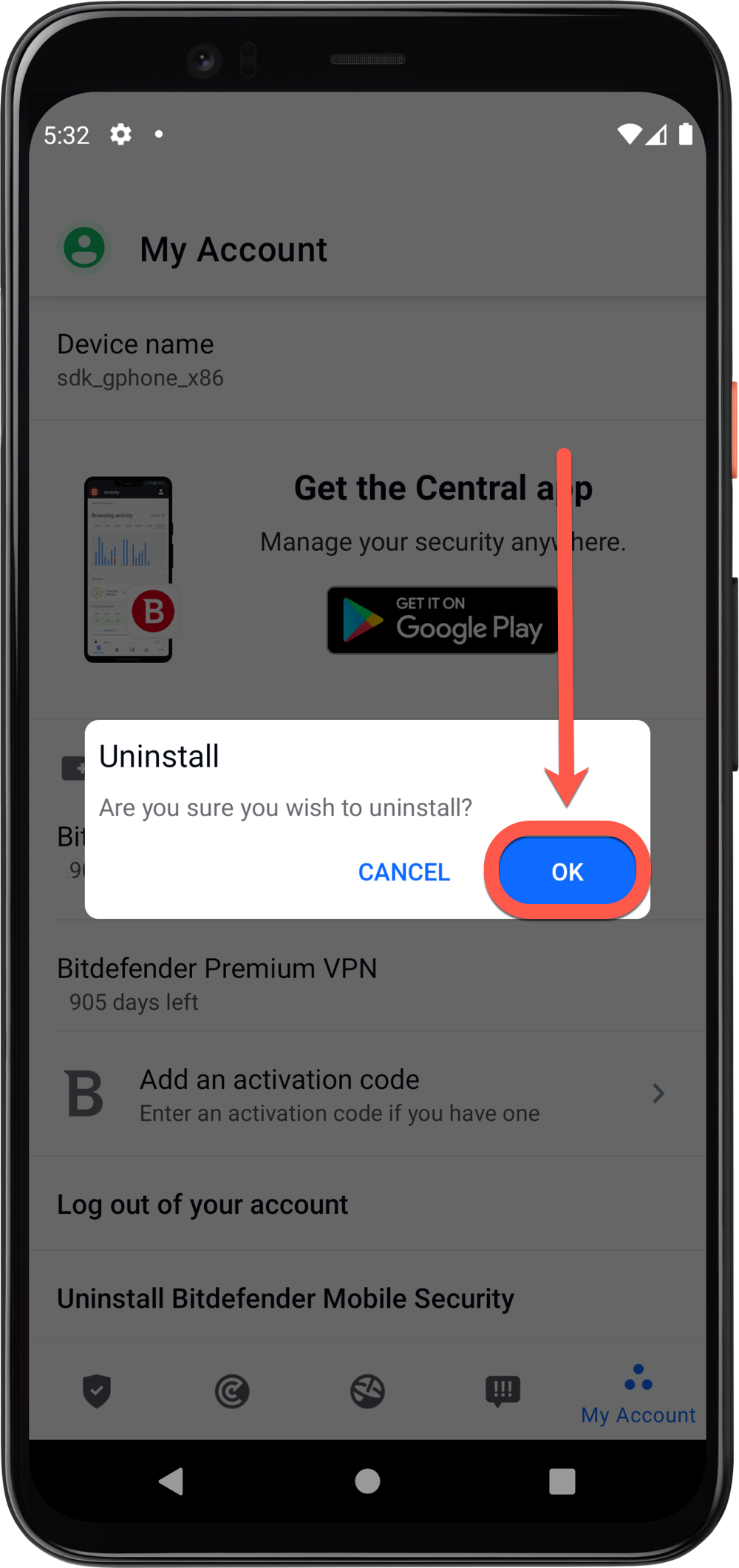 avinstallera Bitdefender Mobile Security för Android OK