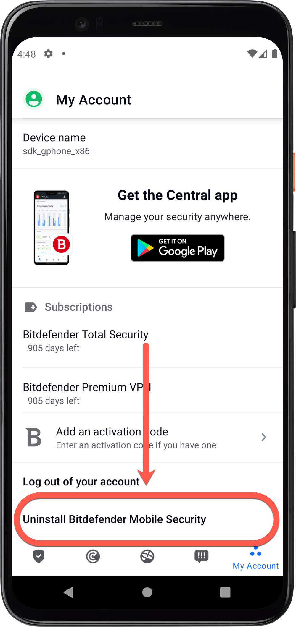avinstallera Bitdefender Mobile Security för Android