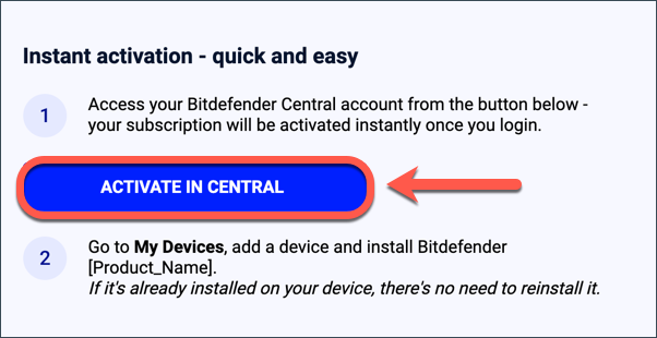 Bitdefender-prenumeration - AKTIVERA I CENTRAL