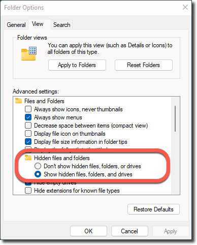 Visa dolda filer och mappar fungerar inte i Windows