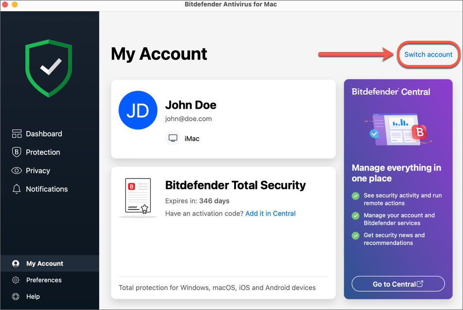 Byt konto - Bitdefender Antivirus for Mac