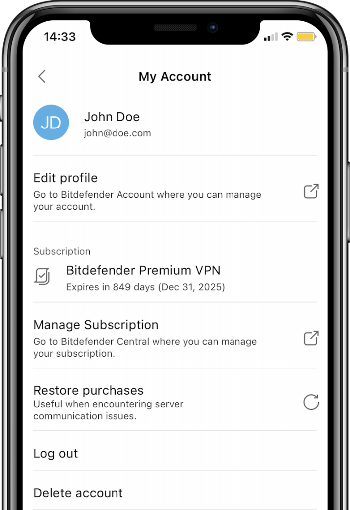 Bitdefender VPN för iOS - Konto