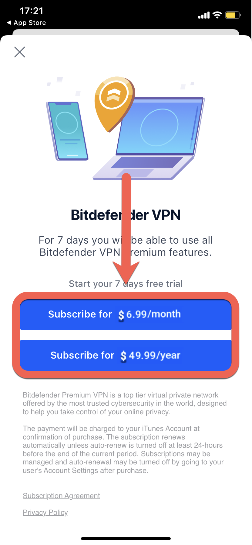 Prenumerationsplaner för Bitdefender Premium VPN på iOS
