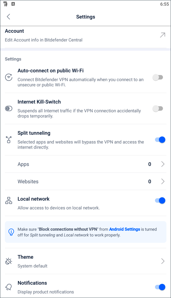 Bitdefender VPN för Android - Inställningar
