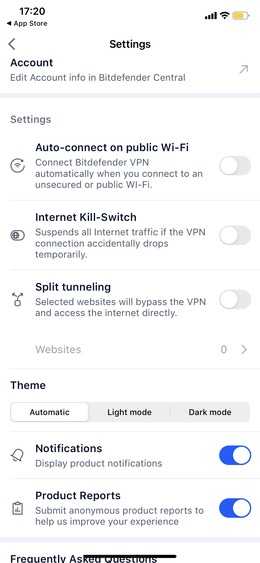 Bitdefender VPN för iOS - Inställningar