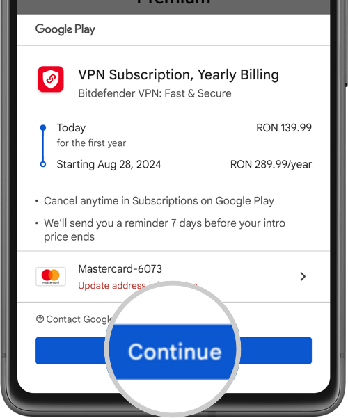 Purchasing Bitdefender Premium VPN on Android