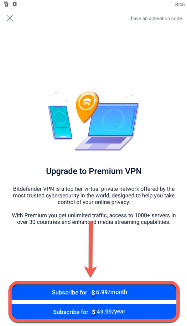Välja en prenumerationsplan - Bitdefender Premium VPN på Android