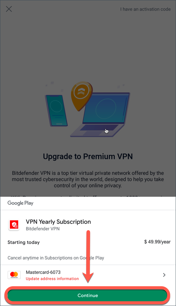 Uppgradering till Bitdefender Premium VPN på Android - Fortsätt-knappen