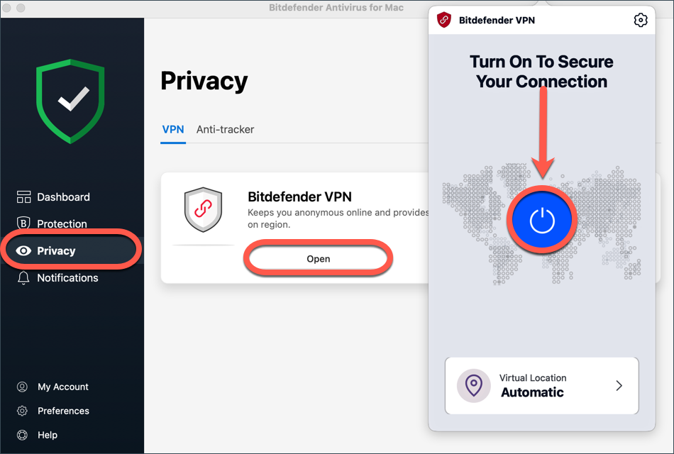 inaktivera Bitdefender Antivirus för Mac - VPN