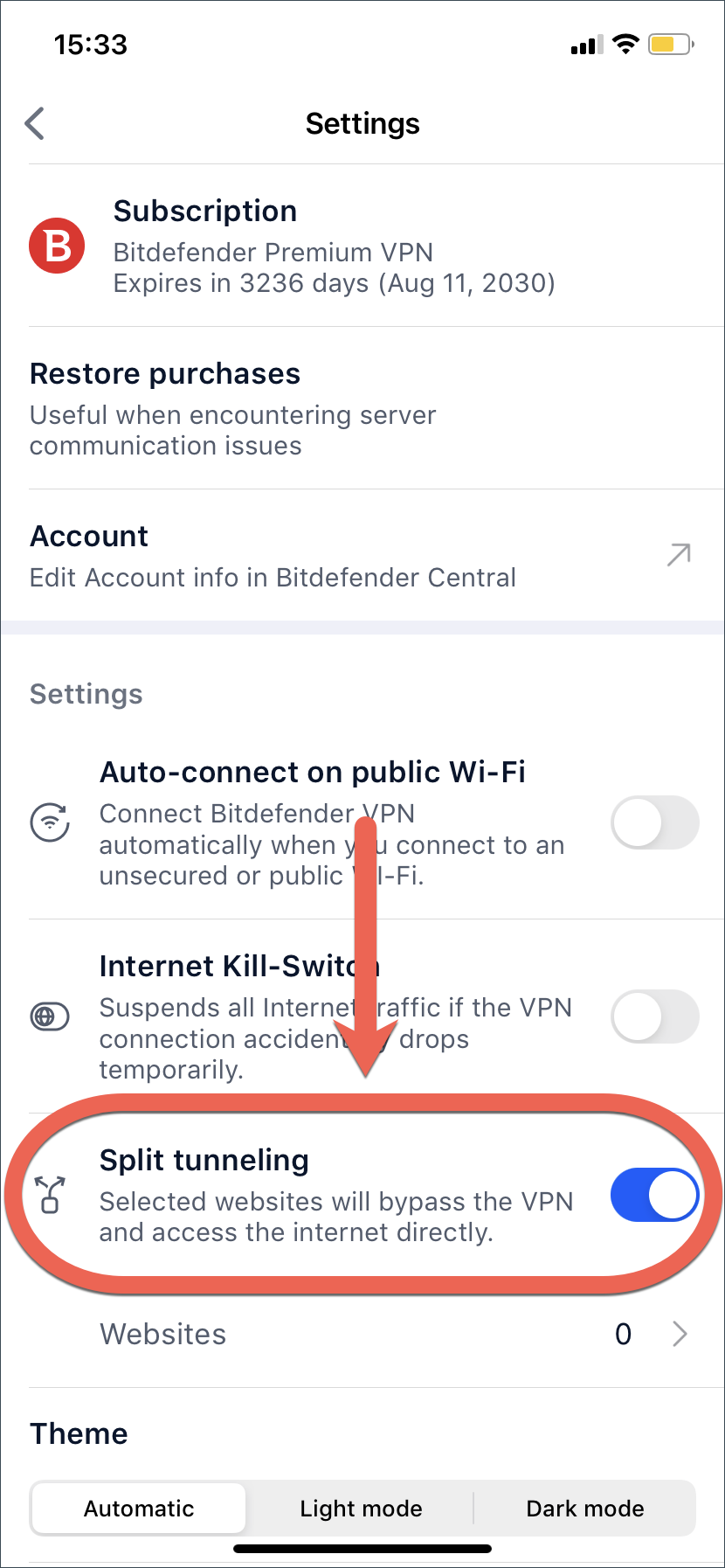 Aktivera Split Tunneling i Bitdefender VPN för iOS.