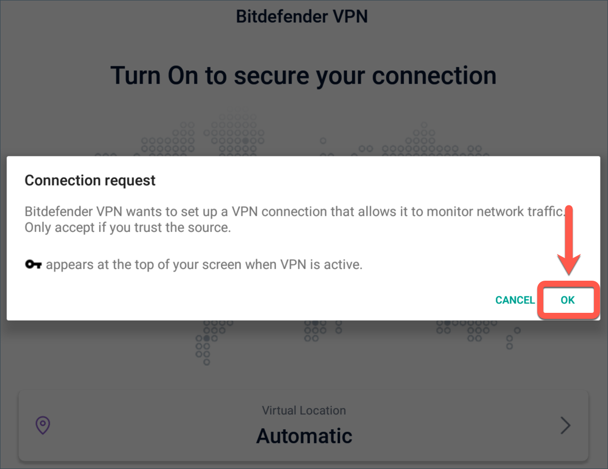 Bitdefender VPN ansluter inte på Android - Anslutningsbegäran