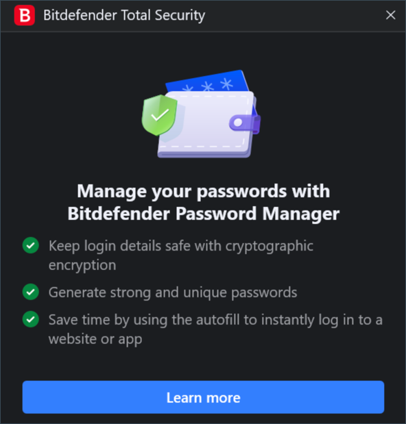 popup-fönstret: Hantera dina lösenord med Bitdefender Password Manager