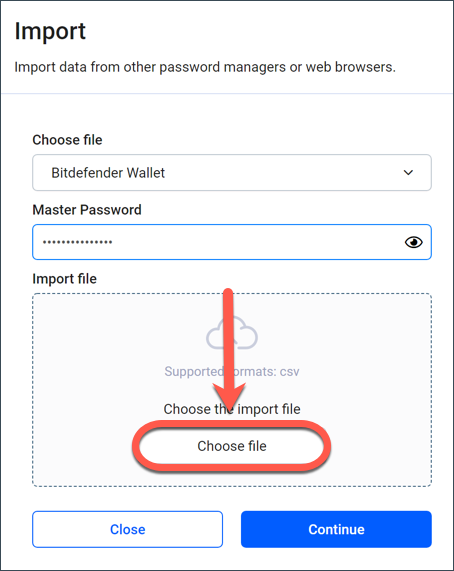 Överför dina Plånbok-data till Bitdefender Password Manager - Välj fil