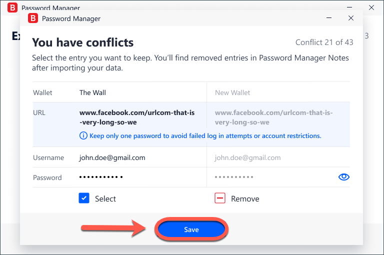 Överför dina Plånbok-data till Bitdefender Password Manager - Konflikter