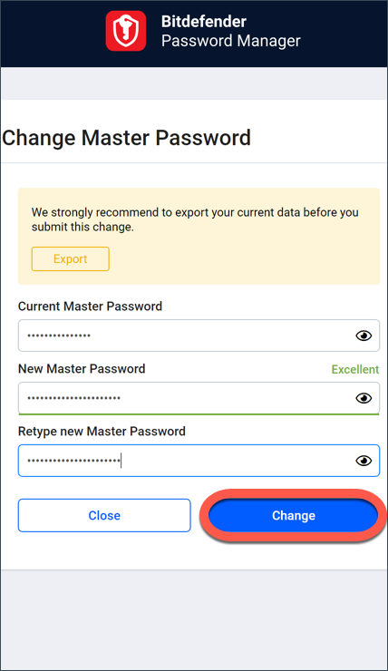 Återställ ditt huvudlösenord för Bitdefender Password Manager