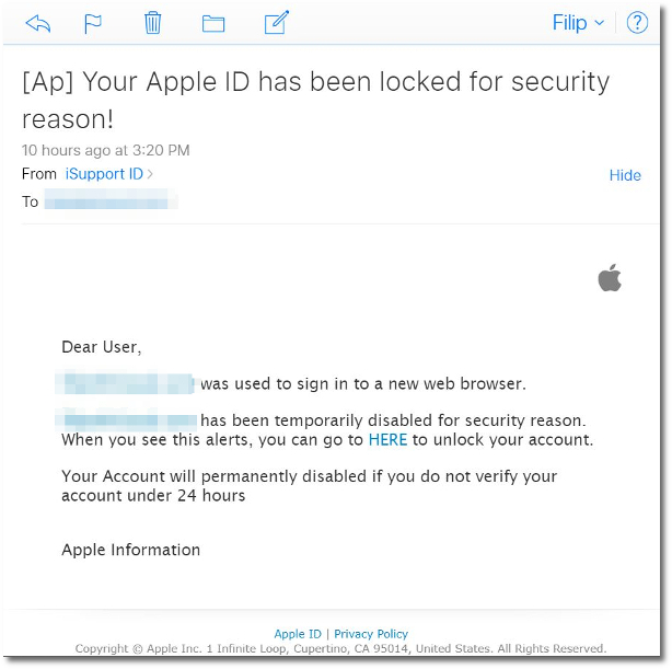 Ett typiskt phishing-e-postmeddelande